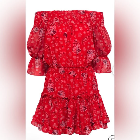 MISA Los Angeles - Off Shoulder Red Print Smocked Waist Mini Dress Small - Picture 2 of 4